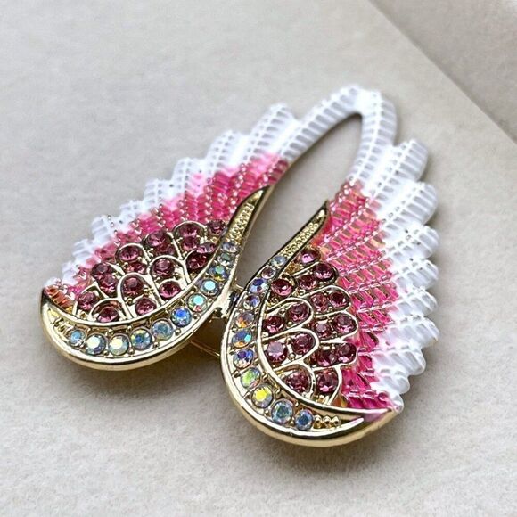 Yellow Gold with Pink Sapphire and AB Crystal Enamel Angel Wing Pin Back Brooch - Picture 5 of 9